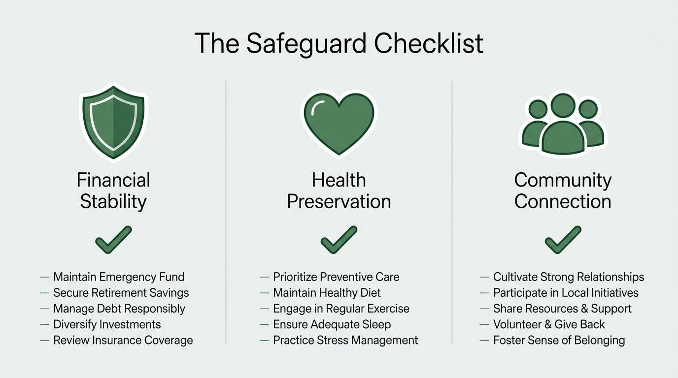An infographic checklist showing shields and checkmarks for financial, health, and social safeguards.