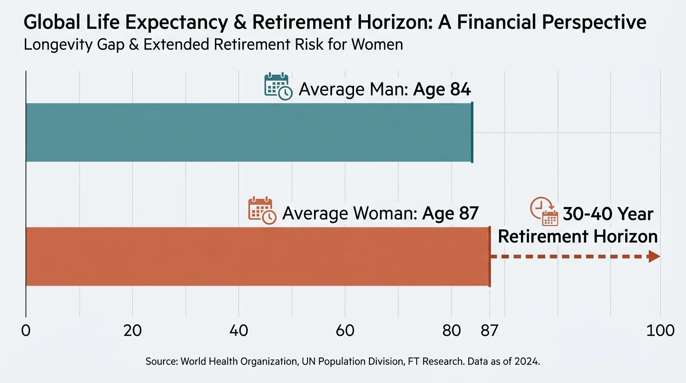 An infographic comparing the average life expectancy of men at 84 and women at 87, highlighting the need for a longer financial horizon.