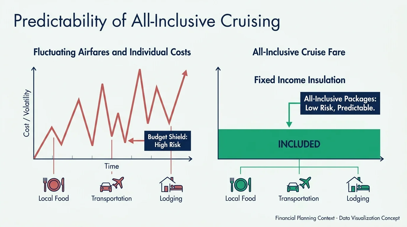 An infographic comparing the volatility of individual travel costs with the steady predictability of an all-inclusive cruise fare.