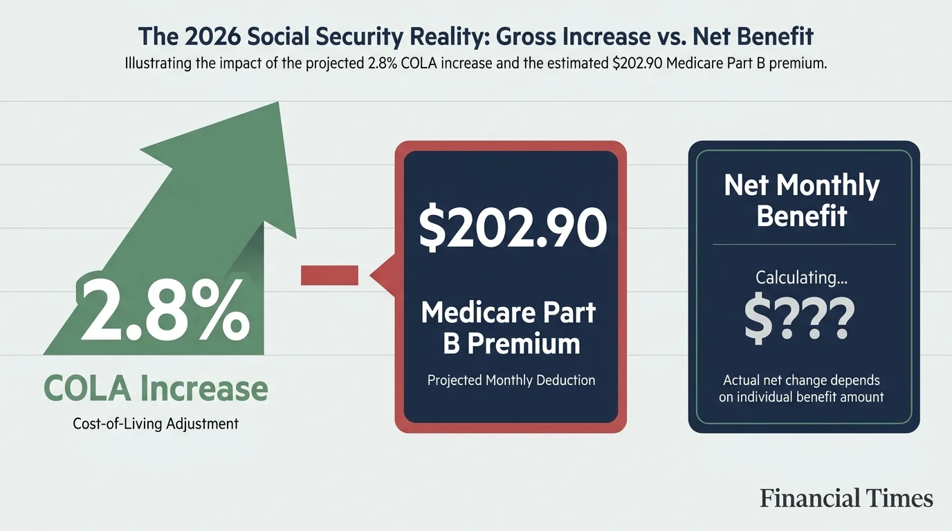 An infographic showing a 2.8 percent COLA increase being offset by a 202.90 dollar Medicare premium.