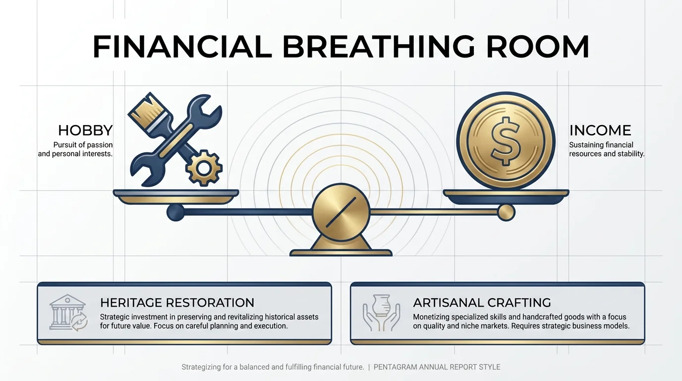 An infographic showing a balance between hobbies and income, labeled 'Financial Breathing Room'.