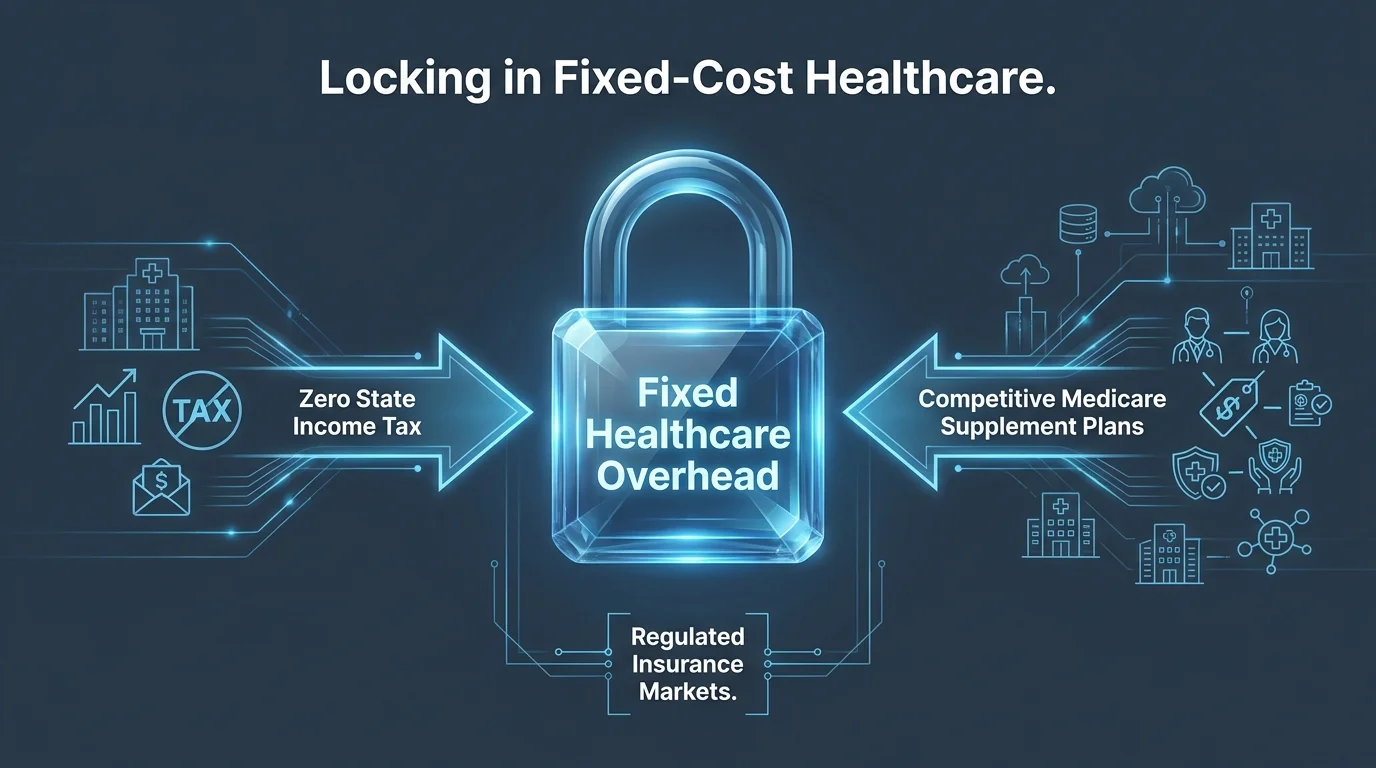 An infographic showing a padlock securing 'Fixed Healthcare Overhead' powered by tax savings and competitive insurance plans.