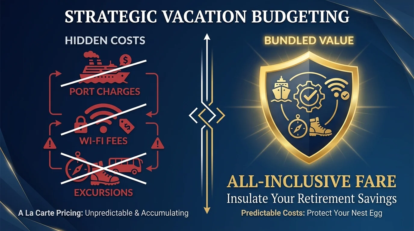An infographic showing how all-inclusive cruise fares bundle various travel costs to protect retirement savings.