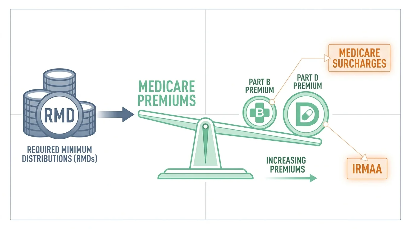 An infographic showing how Required Minimum Distributions can trigger higher Medicare premiums and surcharges.