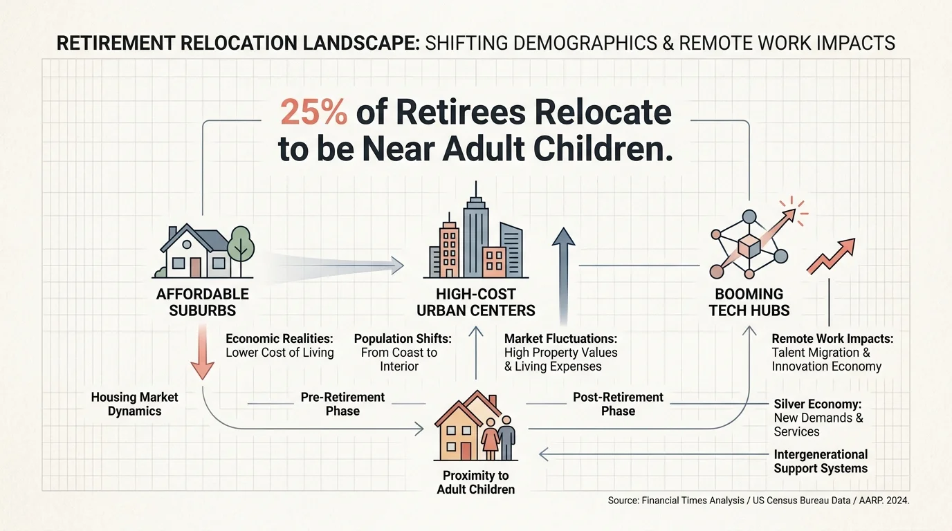 An infographic showing that twenty-five percent of retirees move to be near family, highlighting urban and tech hub trends.