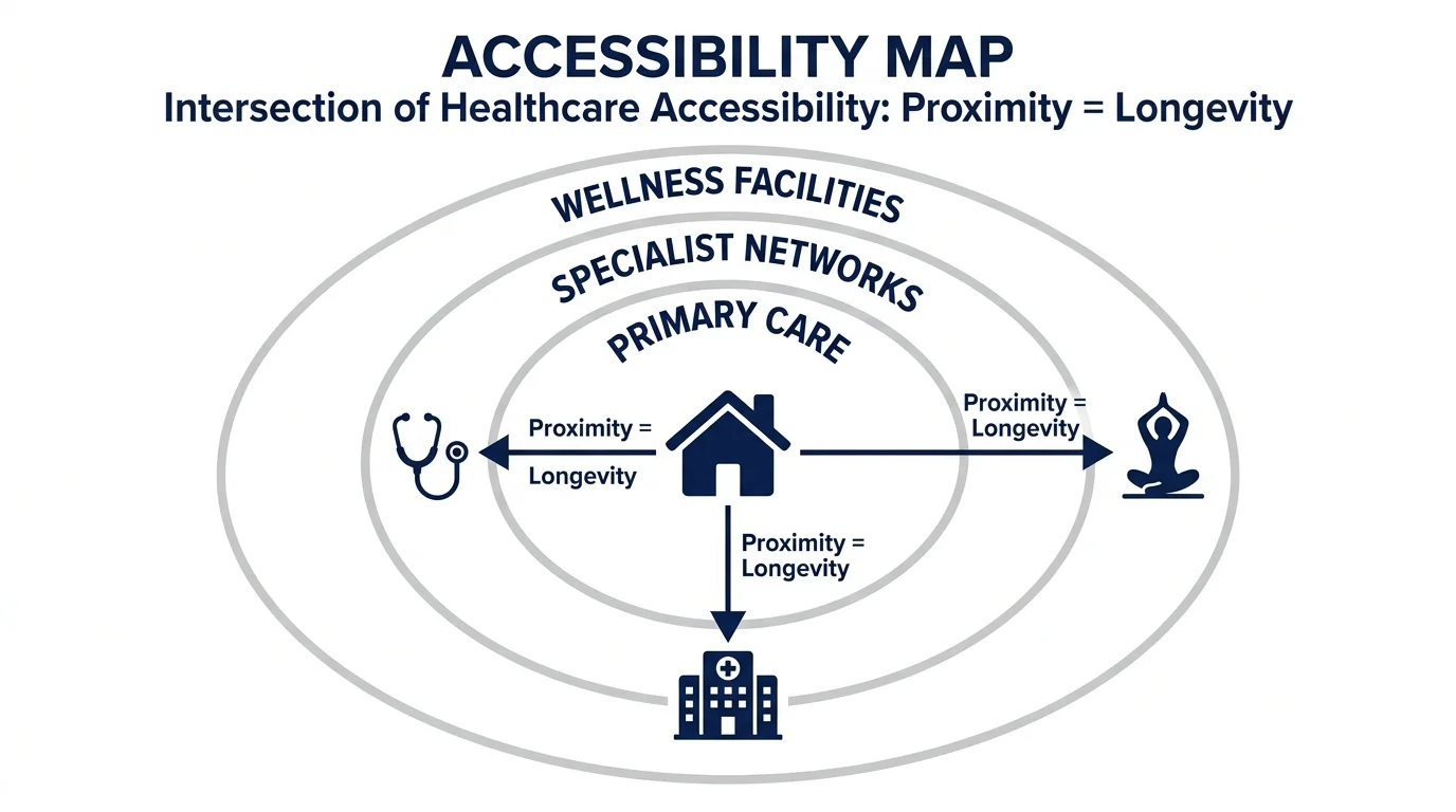 An infographic showing the relationship between a retirement home and proximity to healthcare and wellness services.