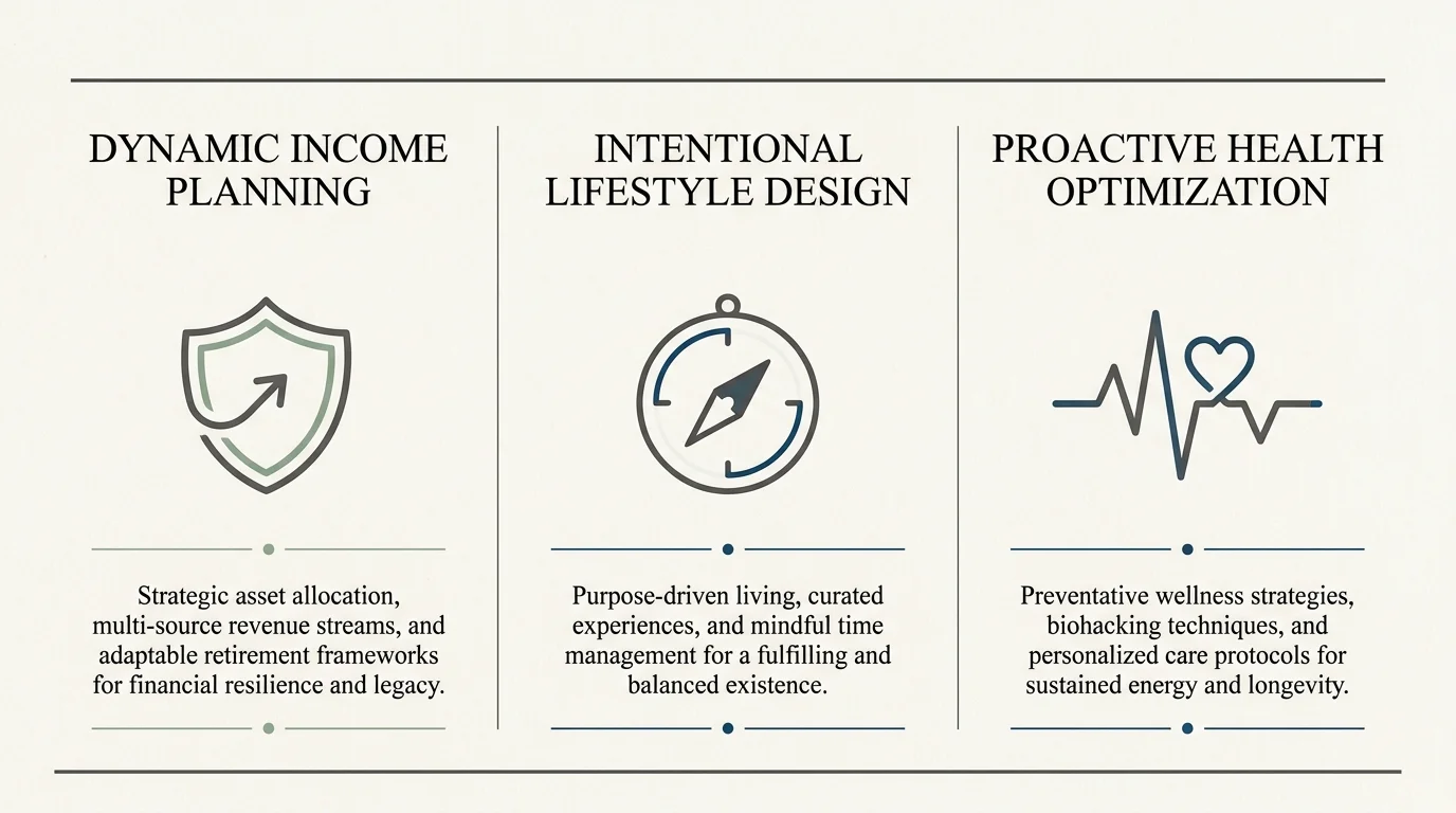 An infographic showing the three pillars of a resilient retirement: Income Planning, Lifestyle Design, and Health Optimization.