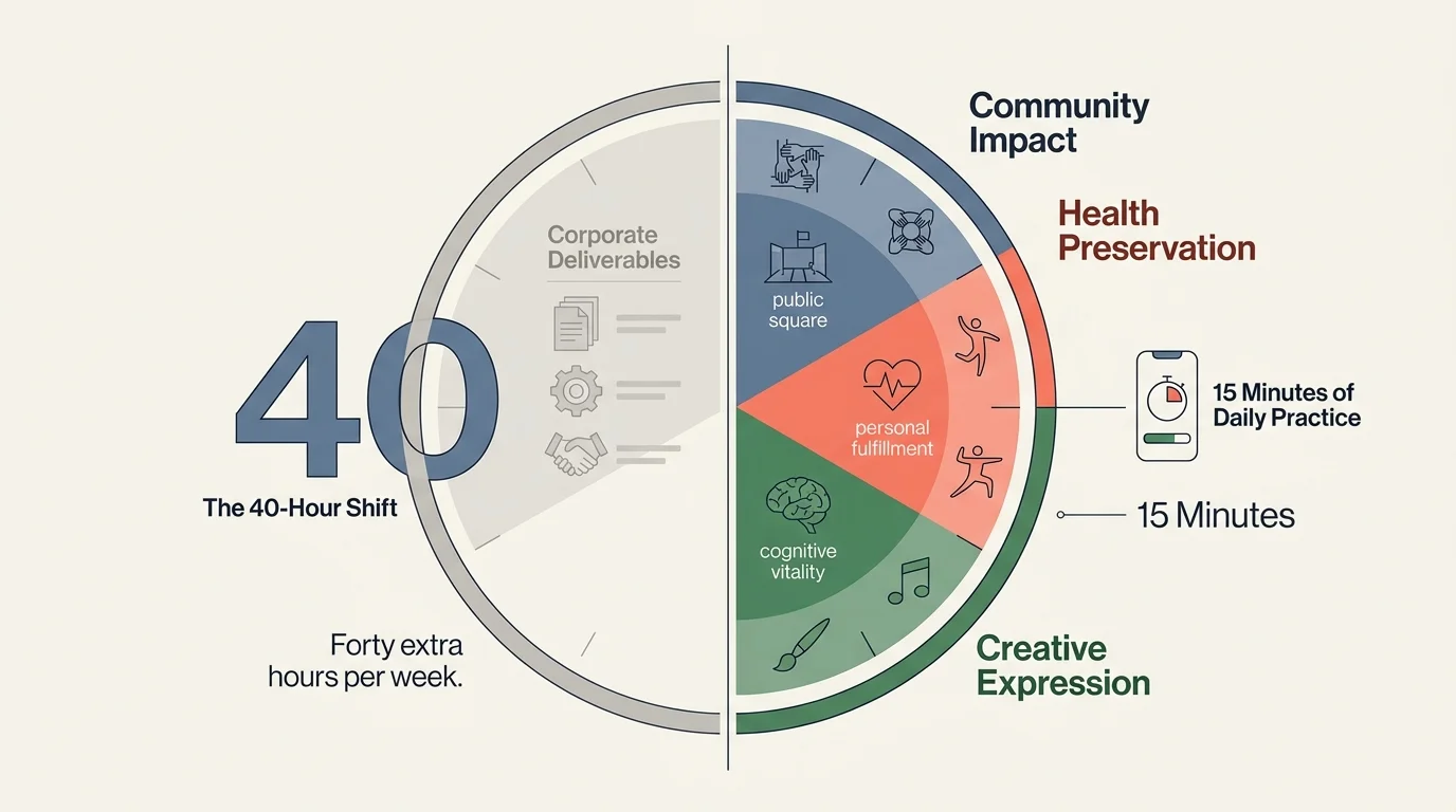 An infographic showing the transition from 40 hours of corporate work to 40 hours of community impact and creative expression.