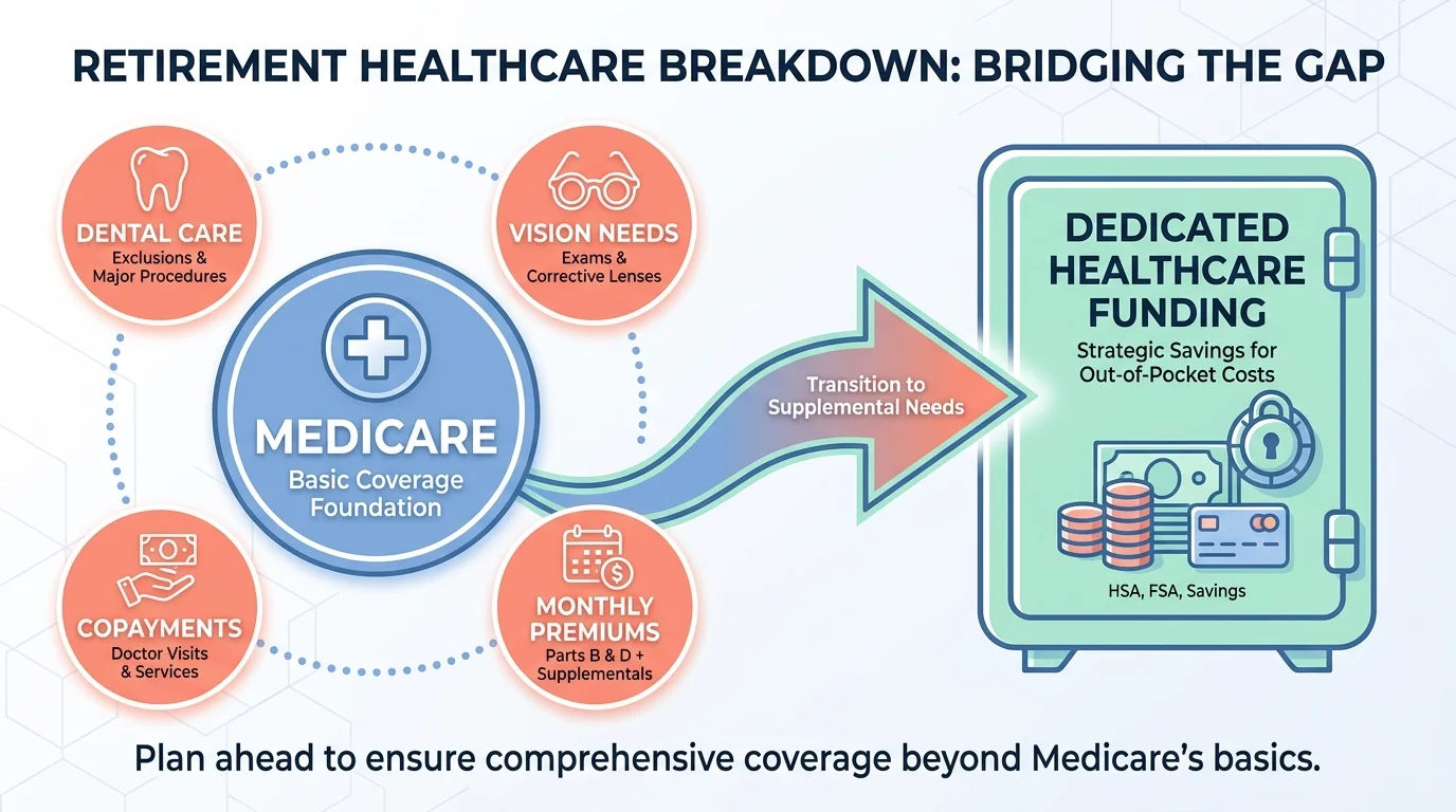 An infographic showing the various out-of-pocket healthcare costs Medicare doesn't cover, such as dental and vision.