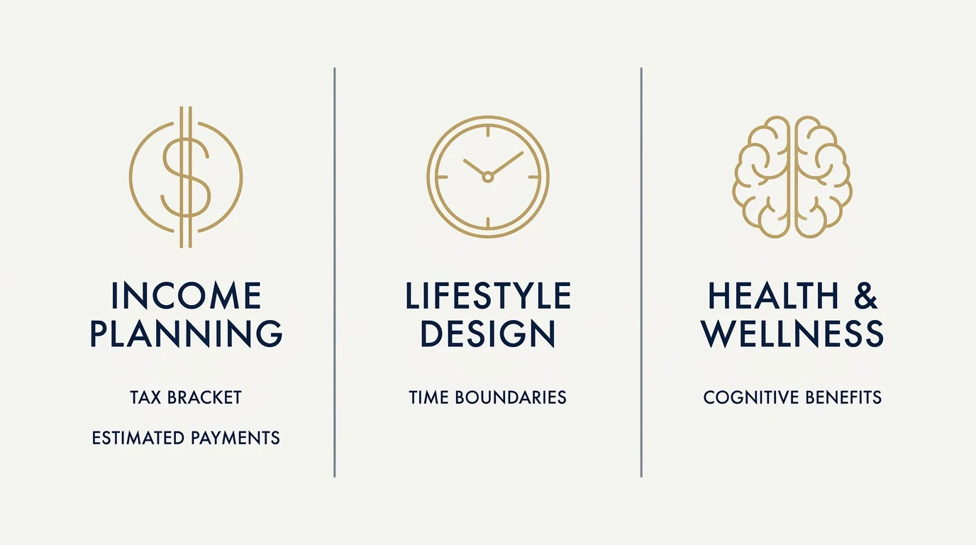 An infographic showing three pillars of retirement: Income Planning, Lifestyle Design, and Health & Wellness.