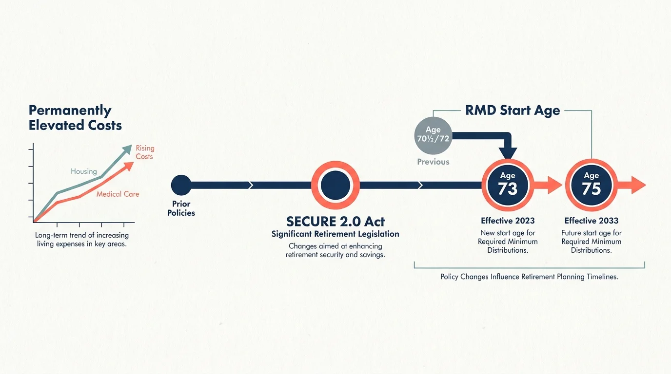An infographic timeline showing the SECURE 2.0 Act's impact on Required Minimum Distribution ages, specifically highlighting ages 73 and 75.