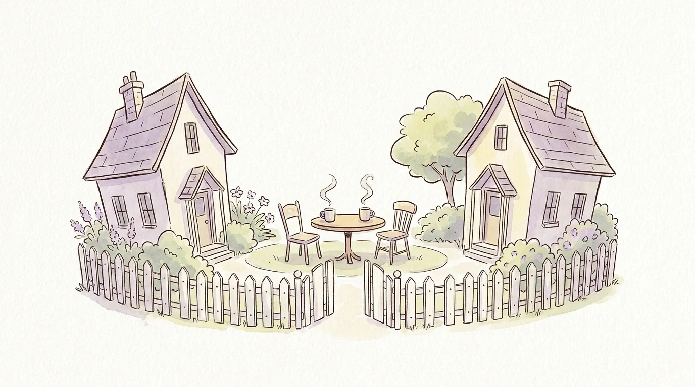 An ink and watercolor drawing of two houses with a shared garden gate and tea on a table, symbolizing healthy boundaries.