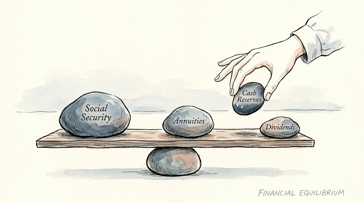 An ink and watercolor illustration of a hand balancing stones labeled with different income sources on a wooden plank.
