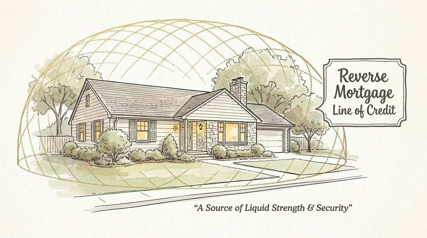 An ink and watercolor illustration of a house with a gold safety net around it, symbolizing a home equity line of credit.