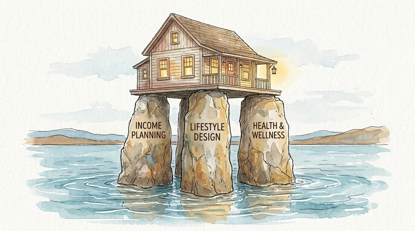 An ink and watercolor illustration of a lake house resting on three stone pillars labeled Income, Lifestyle, and Health.