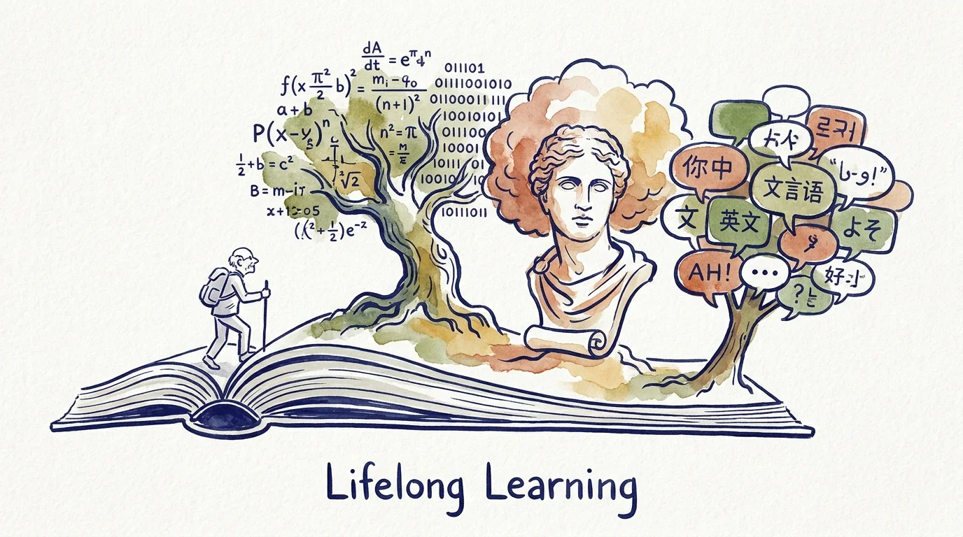 An ink and watercolor illustration of a person climbing an open book that sprouts symbols of art, science, and languages.