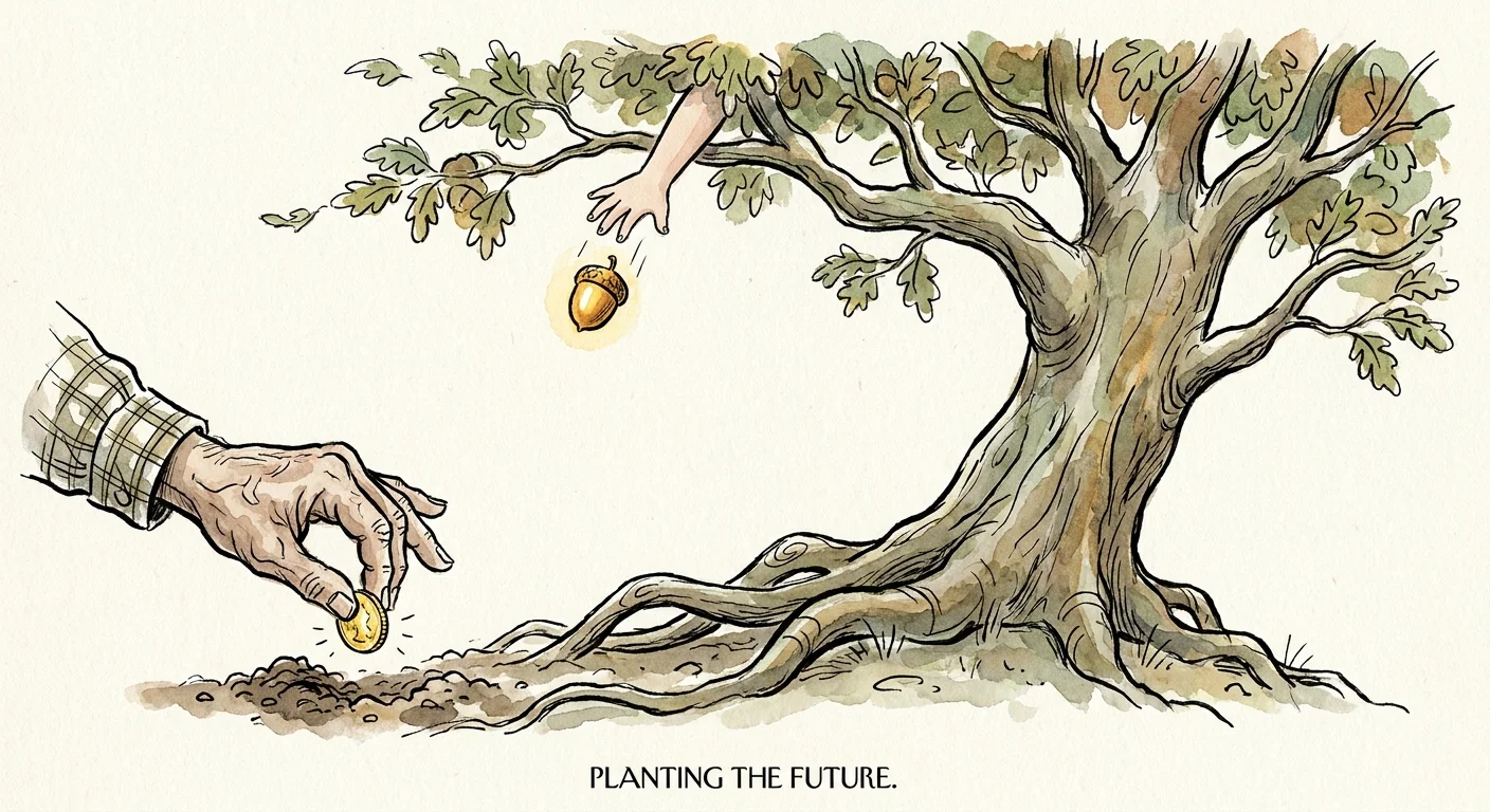 An ink and watercolor illustration of an older hand planting a coin at the root of a tree while a younger hand catches a falling acorn.
