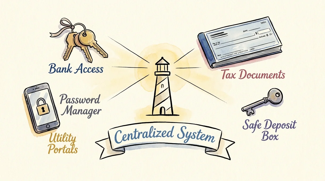 An ink and watercolor illustration showing a map of financial essentials like keys, checkbooks, and password managers.