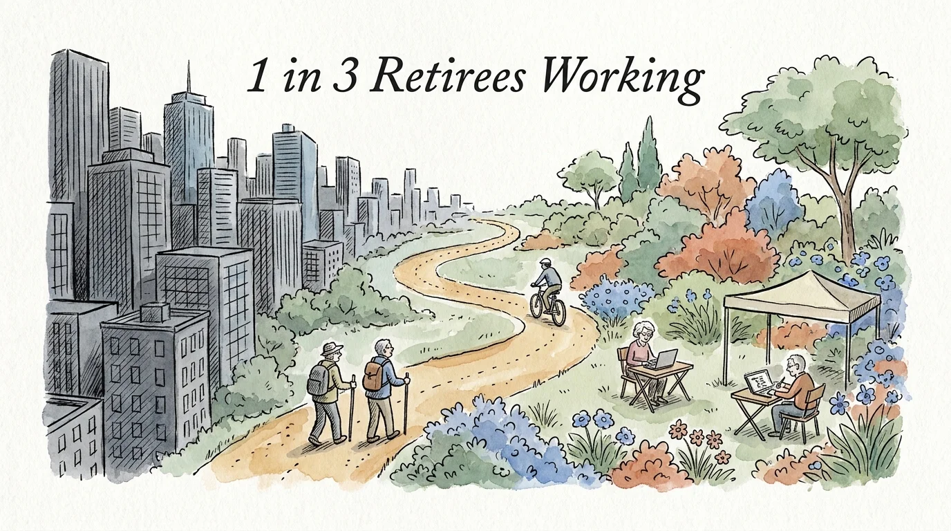 An ink and watercolor illustration showing a path from a grey city to a colorful garden, symbolizing the shift in retirement styles.