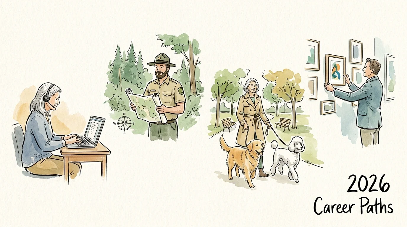An ink and watercolor illustration showing various retirees working as tutors, park guides, and pet sitters.