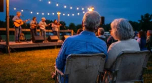 An older couple enjoys a live outdoor bluegrass concert at twilight, seated in lawn chairs under the glow of warm stage lights.