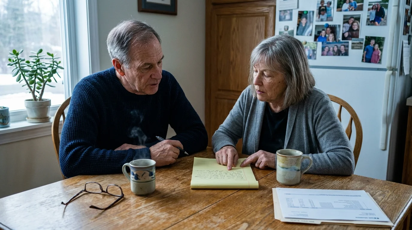 An older couple sits at their kitchen table with coffee and financial papers, engaged in a serious and supportive conversation.
