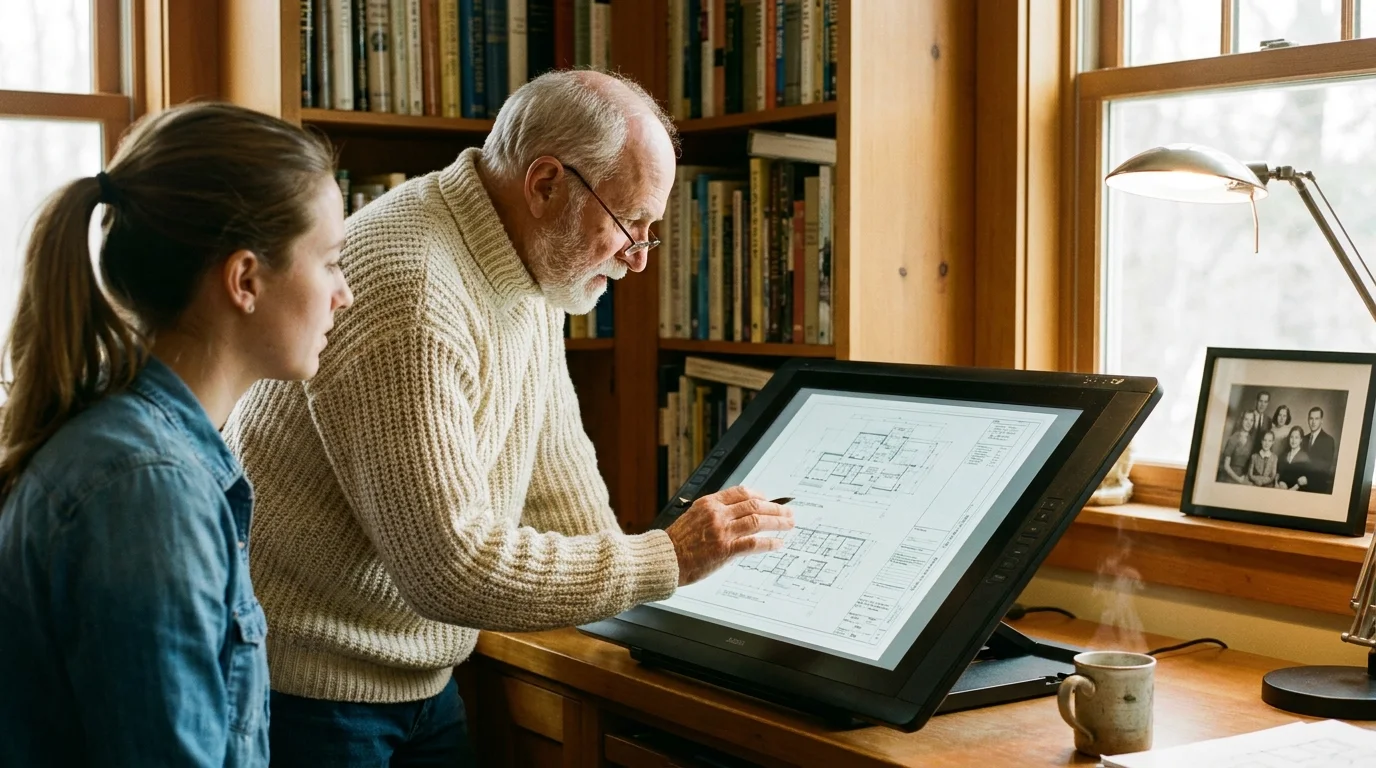 An older man in a cozy home office explains a project on a digital screen to a younger colleague.