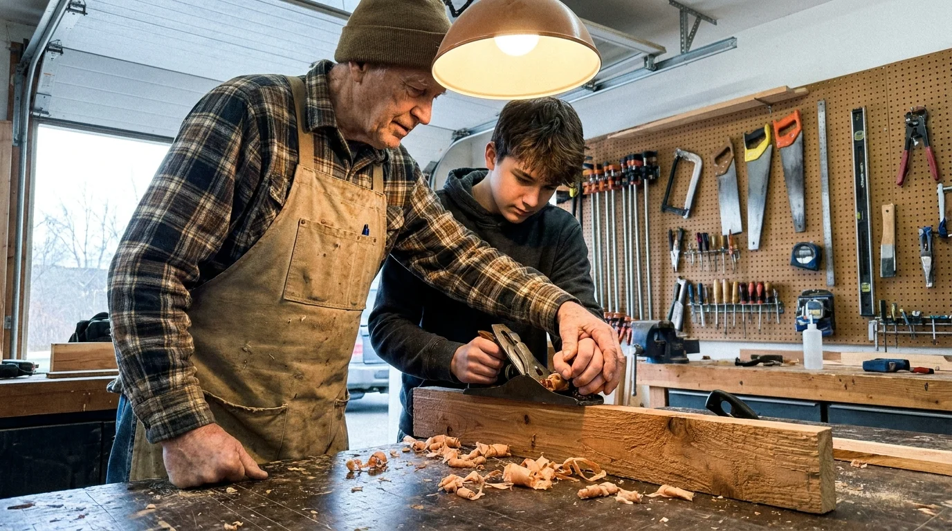 An older man mentoring a younger person in a woodshop, illustrating a shift toward community roles and shared wisdom.