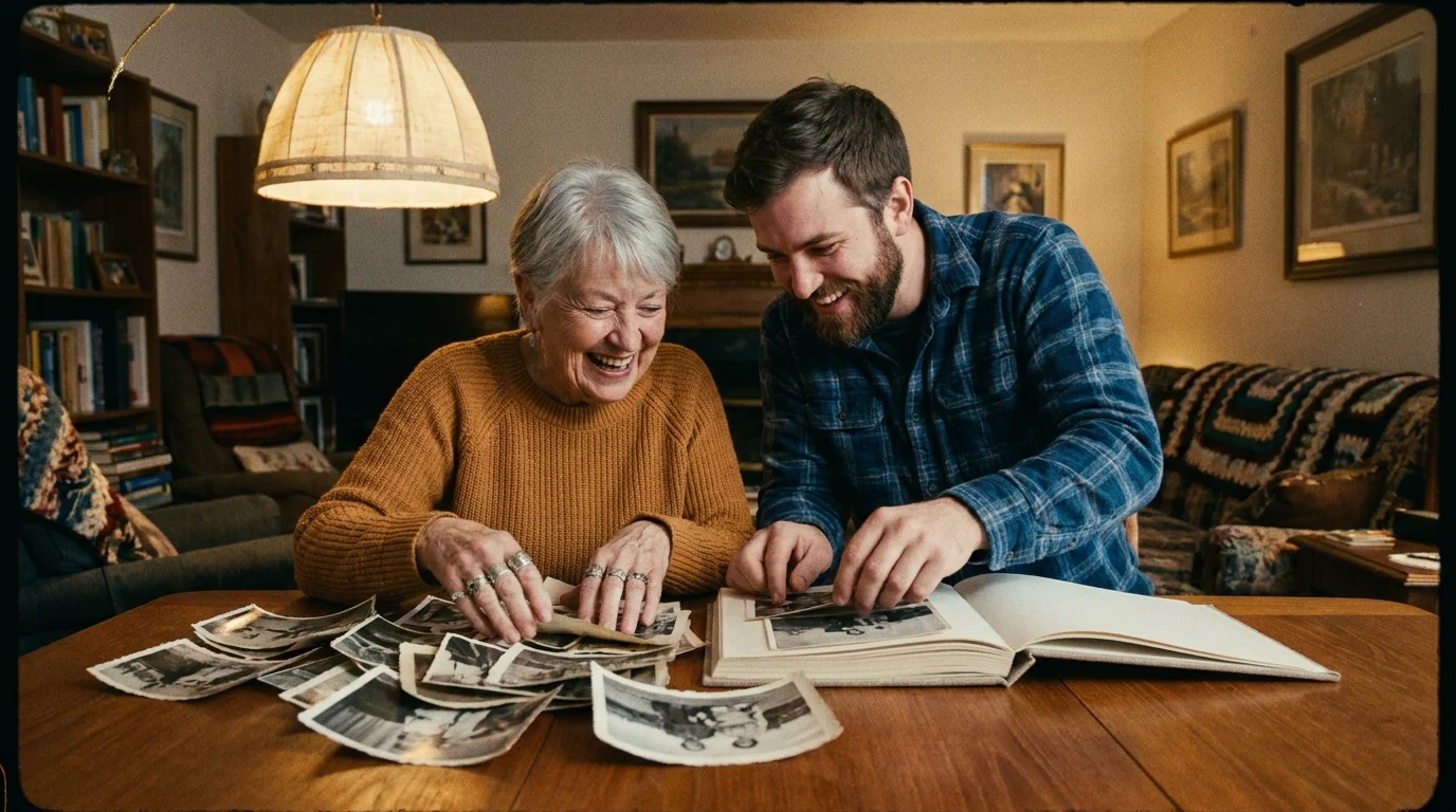 An older woman and a younger man laughing while looking through old family photographs together in a living room.