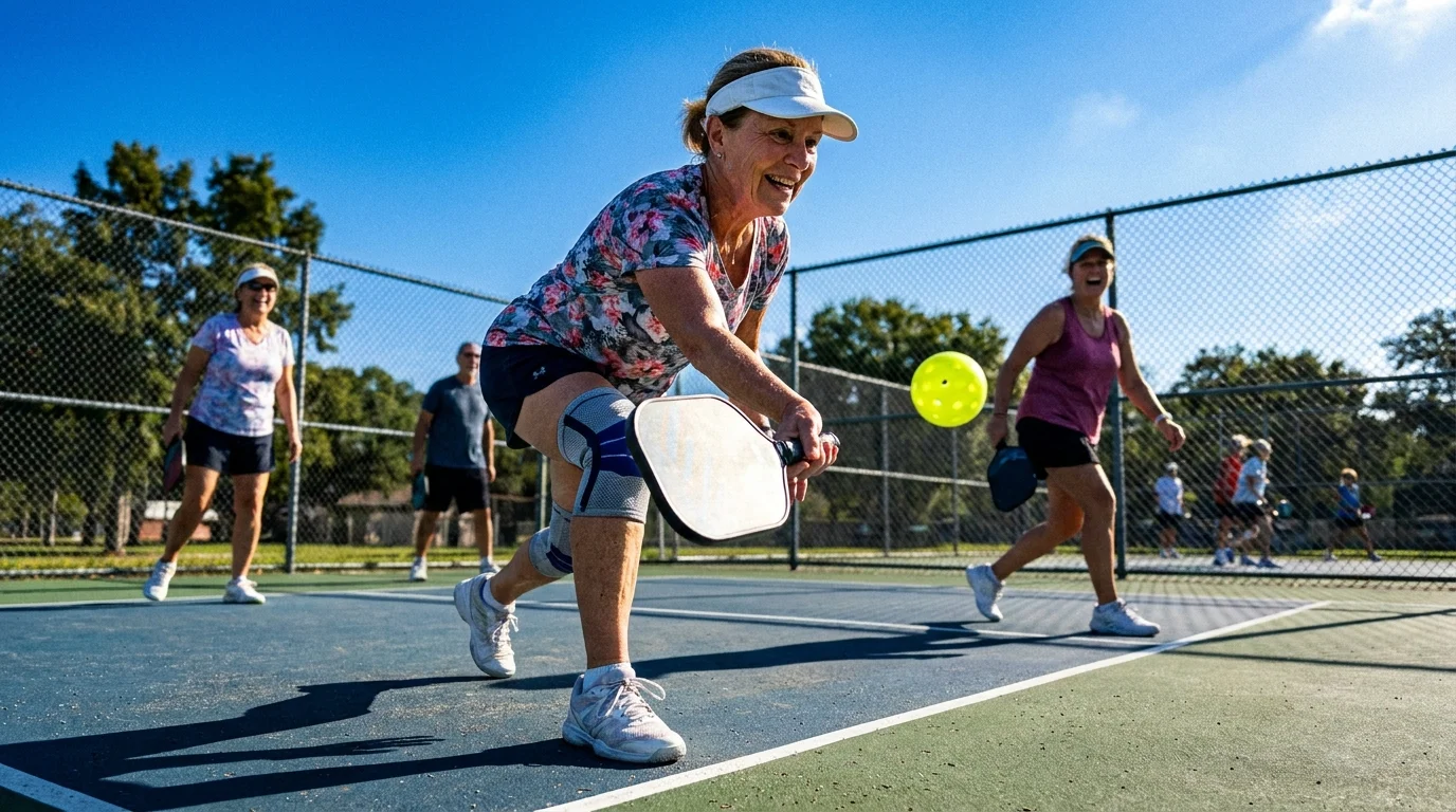 An older woman mid-swing during an intense pickleball game on a sunny outdoor court.