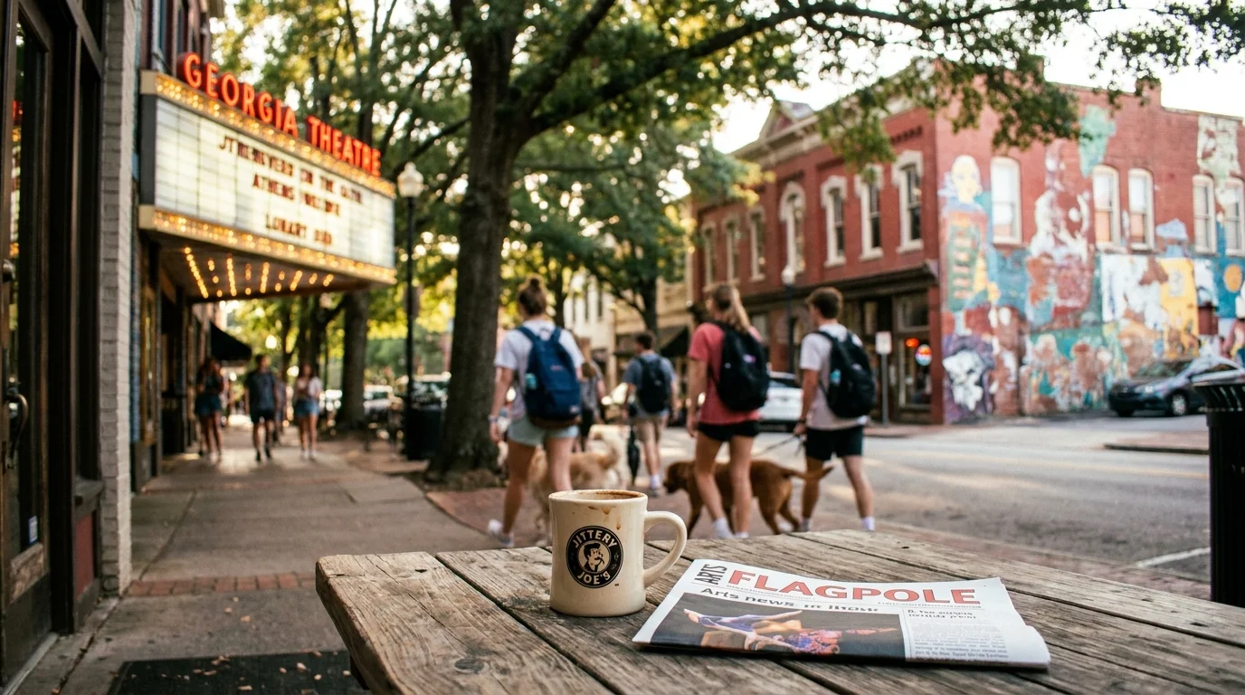 An outdoor cafe table in downtown Athens, Georgia, with historic architecture and oak trees in the background.