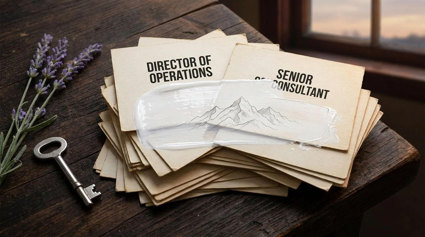 Business cards partially covered by white paint with a pencil sketch of mountains, symbolizing the transition away from professional titles.