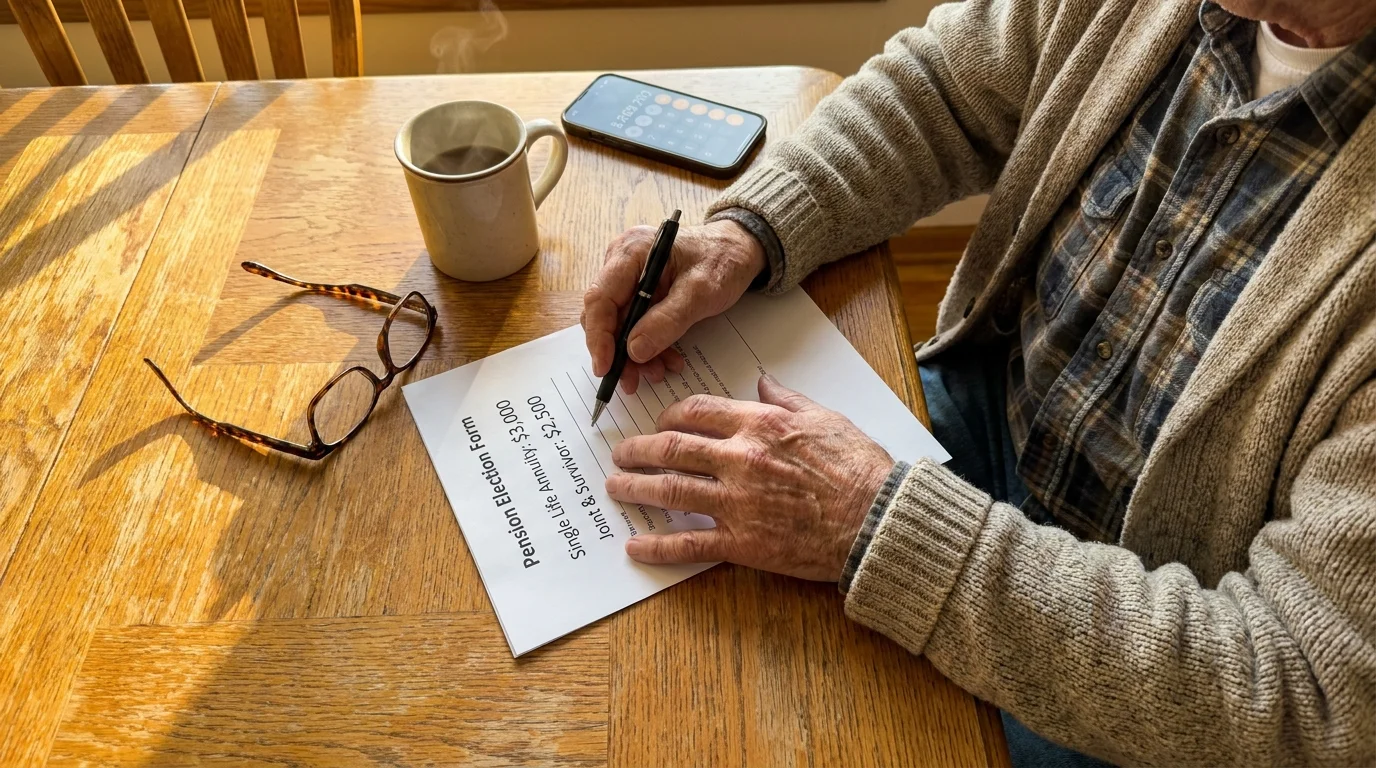 Close-up of a couple's hands at a kitchen table, pointing at a pension form showing Single Life vs Joint and Survivor payout options.