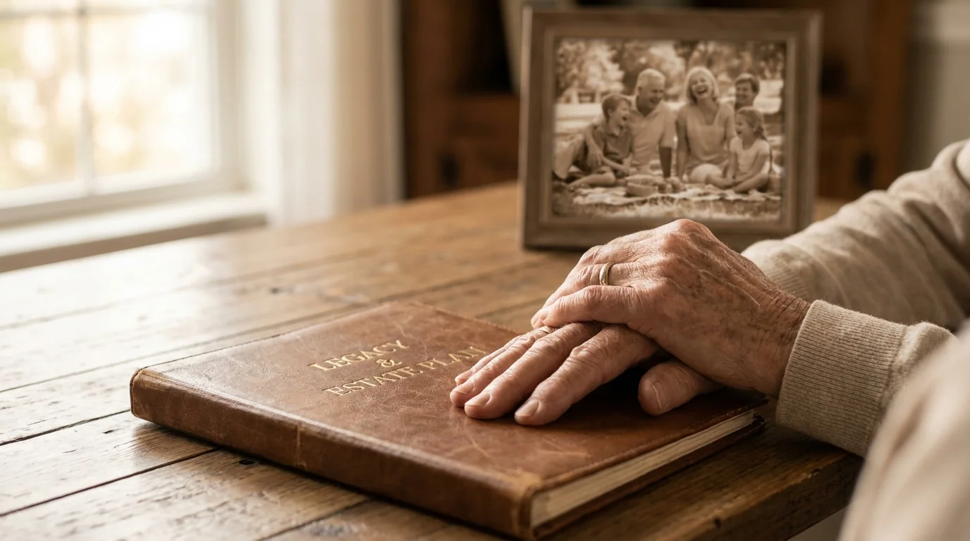 Close-up of a senior couple's hands on an estate planning folder next to a blurred family photo in warm light.