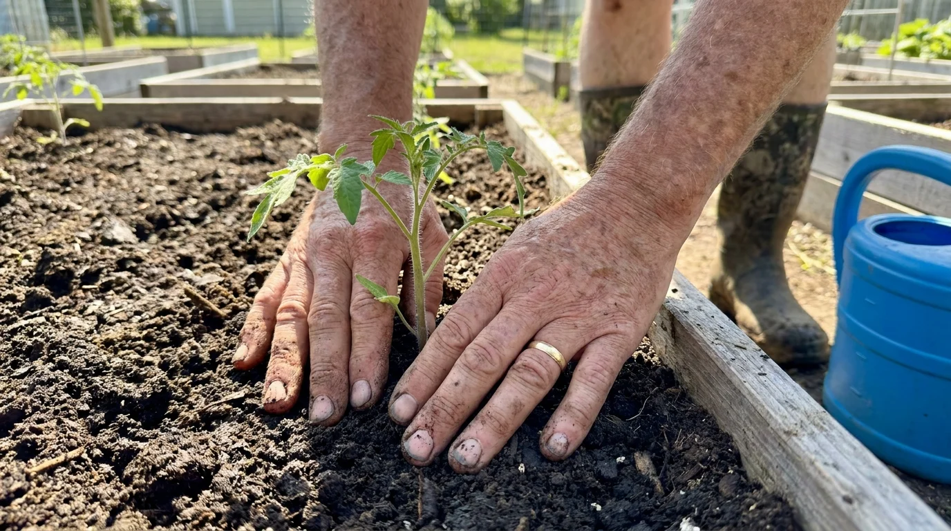 Close-up of a senior's hands planting a small green seedling into dark garden soil.