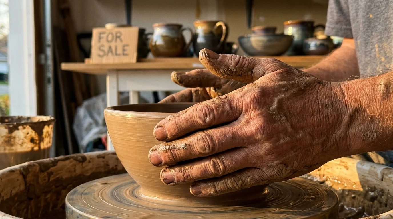 Close-up of a senior's hands shaping clay on a pottery wheel in a sunlit workshop.
