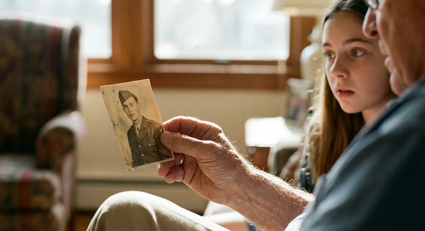 Close-up of an elderly hand holding an old sepia photograph while a teenager looks on in the background.