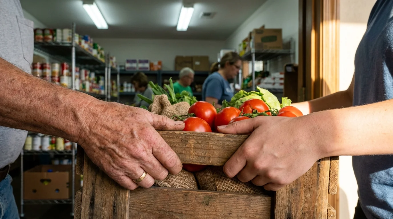 Close-up of an older person's hands helping a younger person carry a crate of vegetables at a community food pantry.