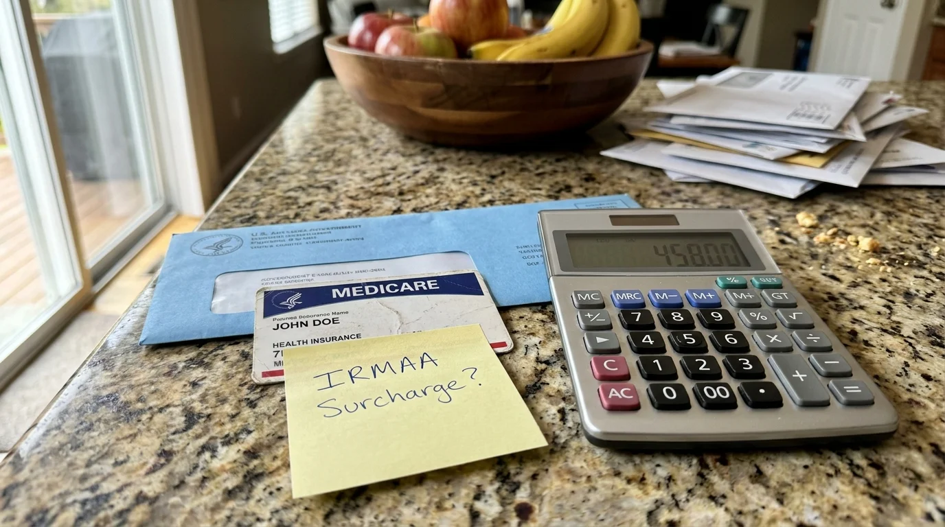 Close-up photo of a Medicare card, a calculator, and a handwritten note about IRMAA surcharges on a kitchen counter.
