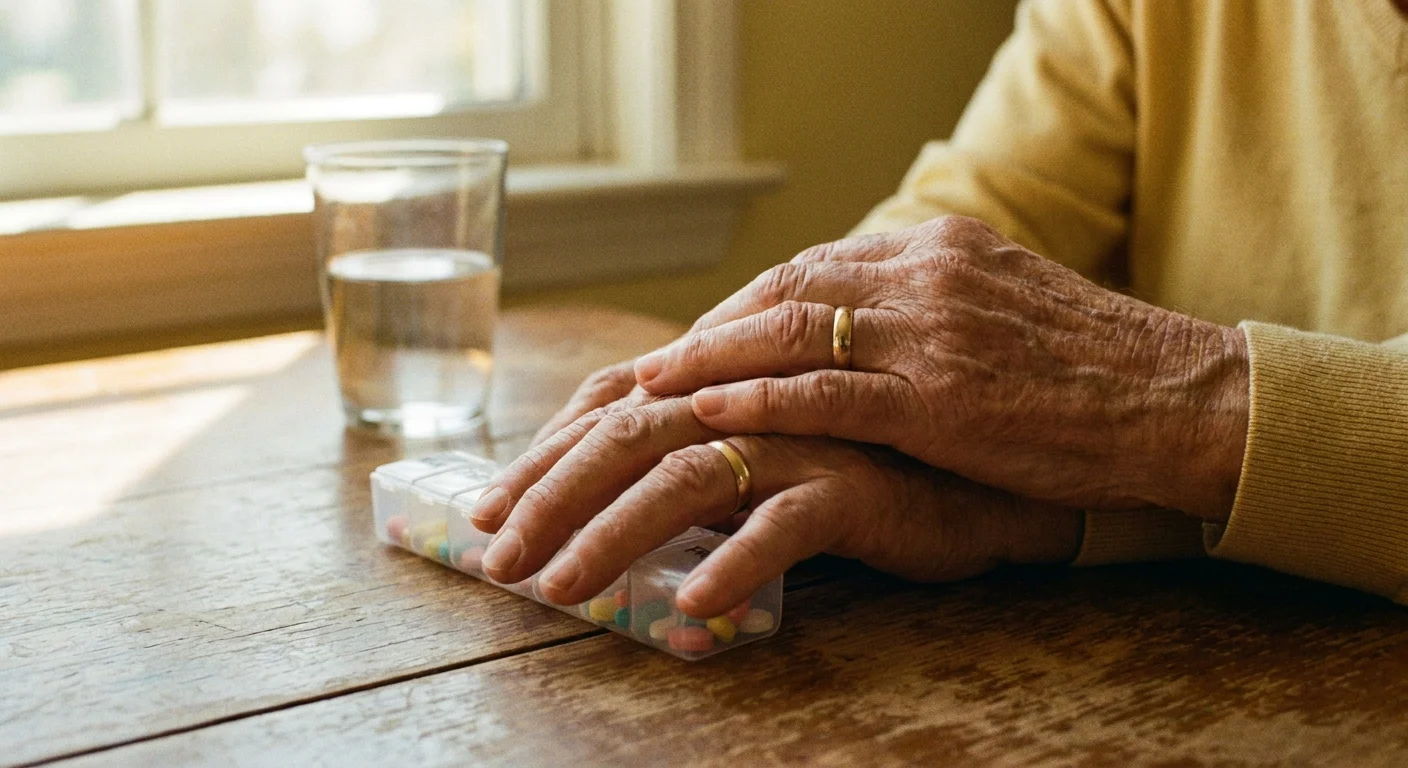 Close-up photo of one spouse's hand resting supportively on the other's hand as they hold a pill organizer.