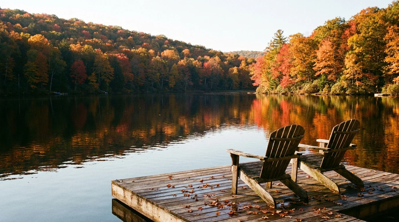 Deep Creek Lake in Maryland during peak autumn, with vibrant red and orange trees reflecting in the water.