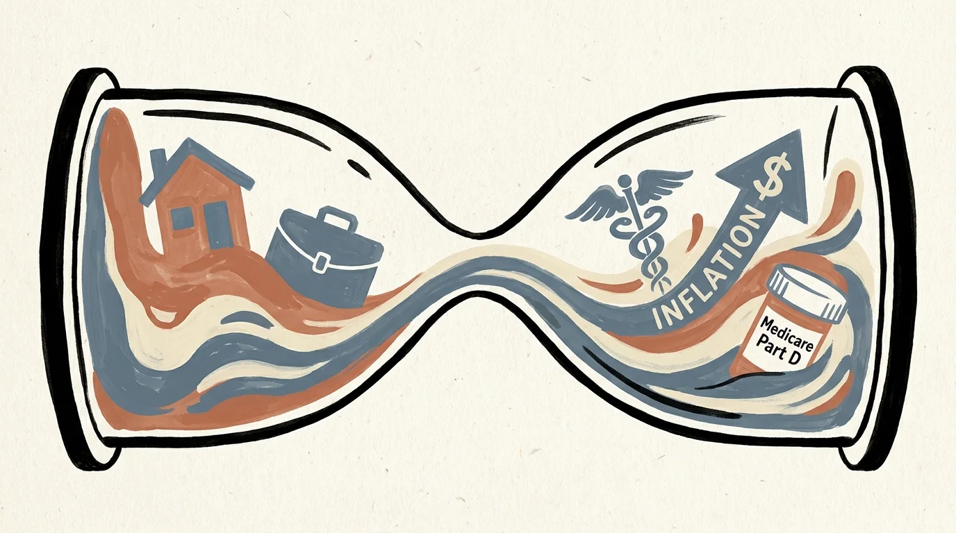 Editorial illustration of an hourglass showing the transition from work life to a complex retirement landscape involving healthcare and infl