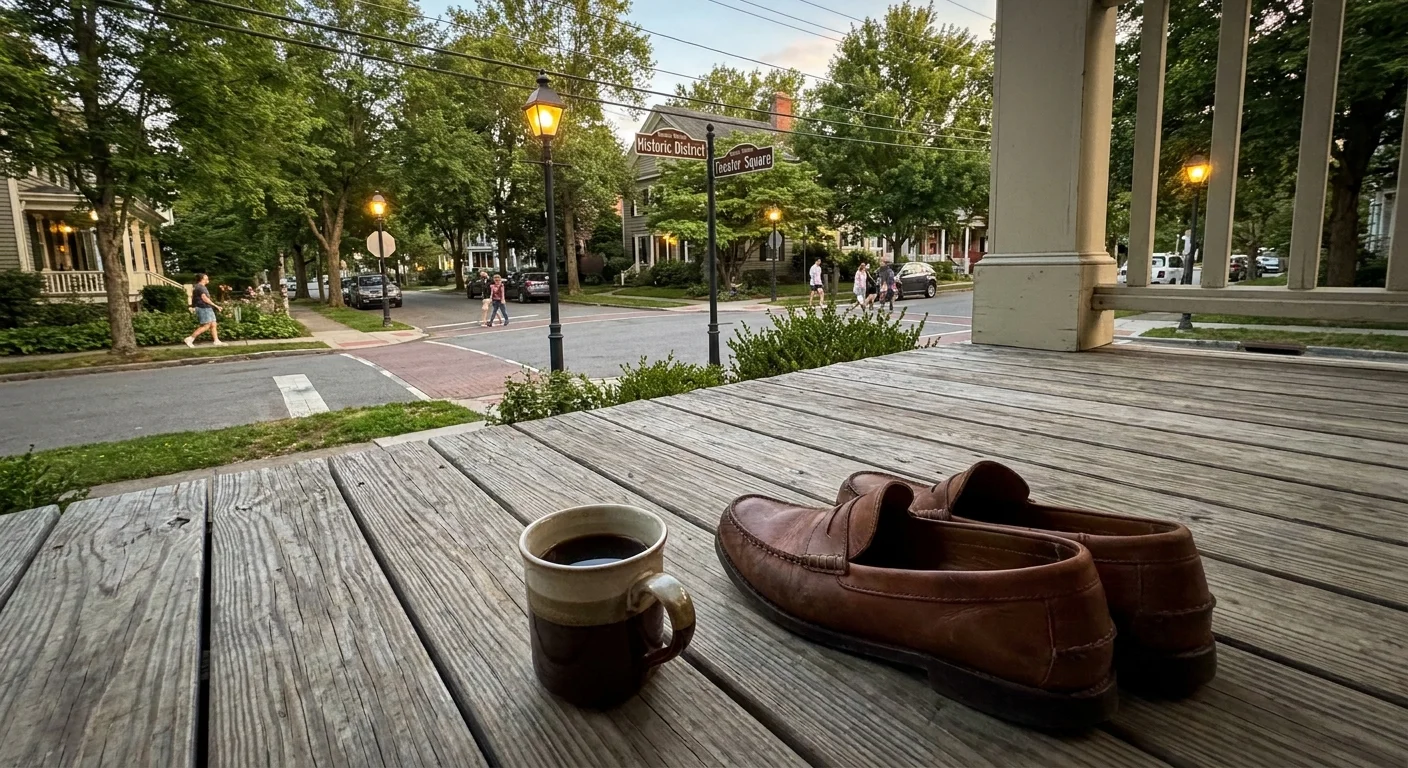First-person view from a porch looking down a walkable street with a sign pointing toward a theater district.