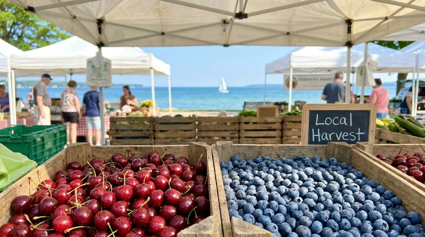 Fresh cherries and blueberries at a Traverse City farmers market with the blue waters of the bay in the background.