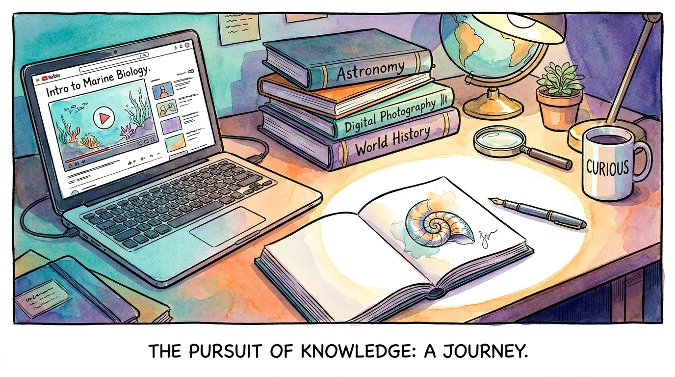Illustration of a desk with a laptop showing an online course, surrounded by books and art supplies.