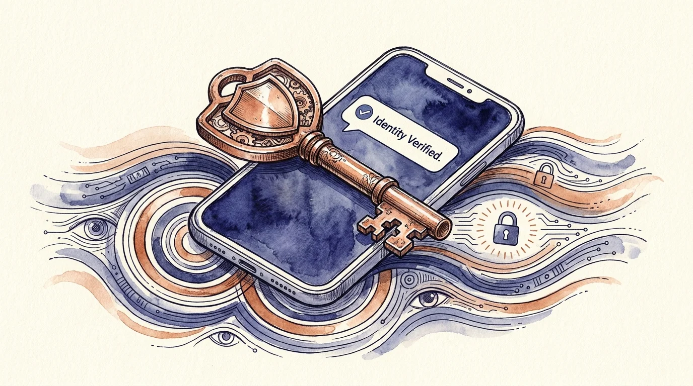 Illustration of a shield-shaped key resting on a smartphone with an identity verification message.
