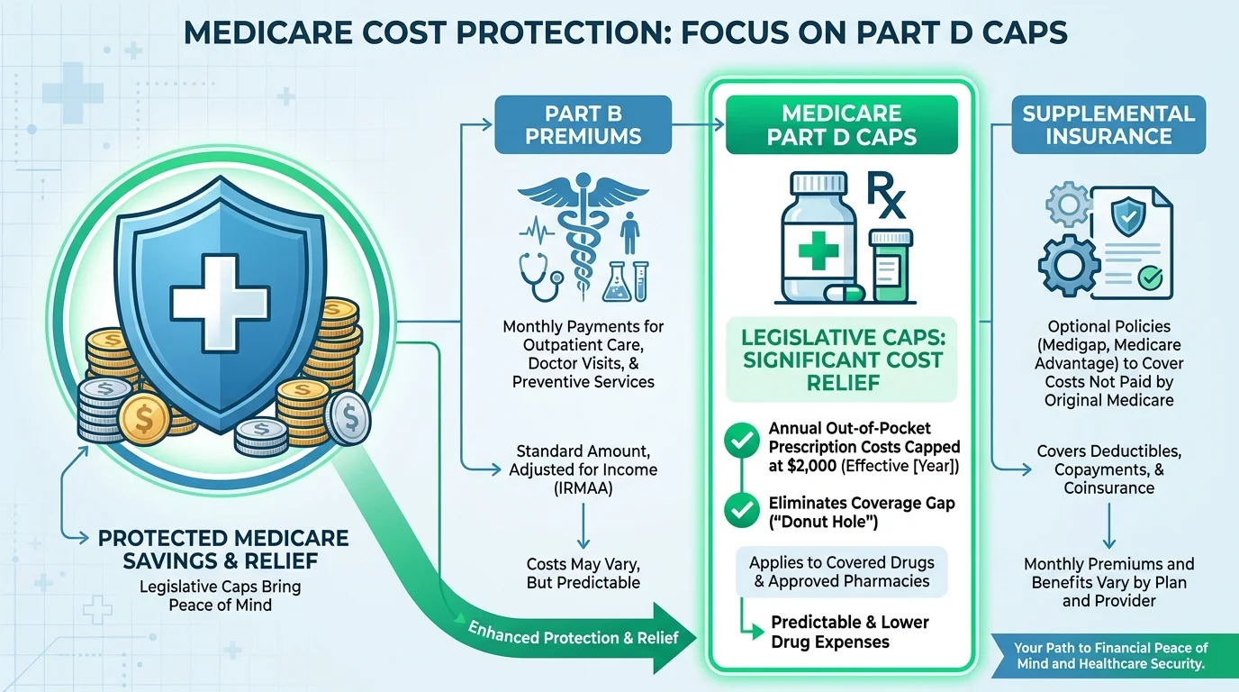 Infographic showing Medicare components with a focus on Part D out-of-pocket cost caps and shared financial protection.
