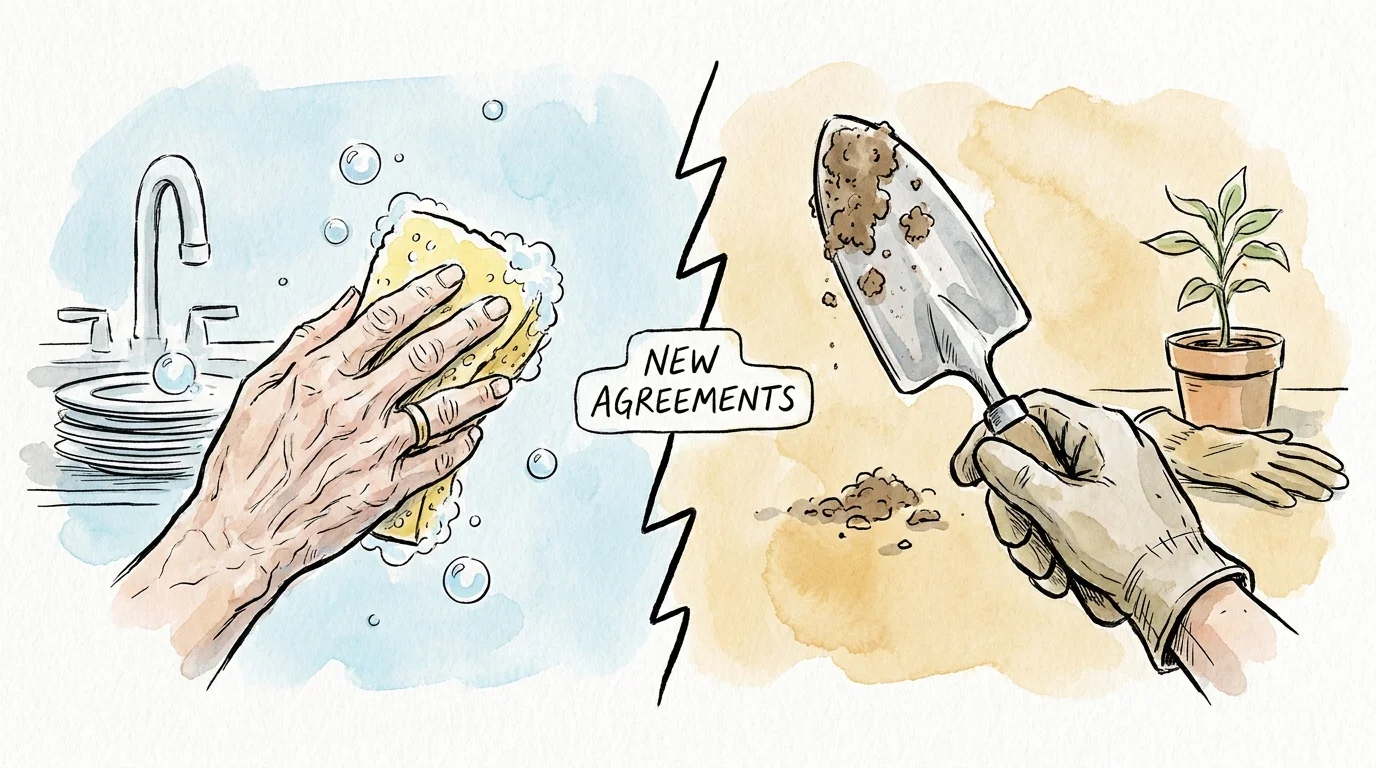 Ink and watercolor sketch of two hands representing a division of chores like dishes and gardening, with the text 'NEW AGREEMENTS'.