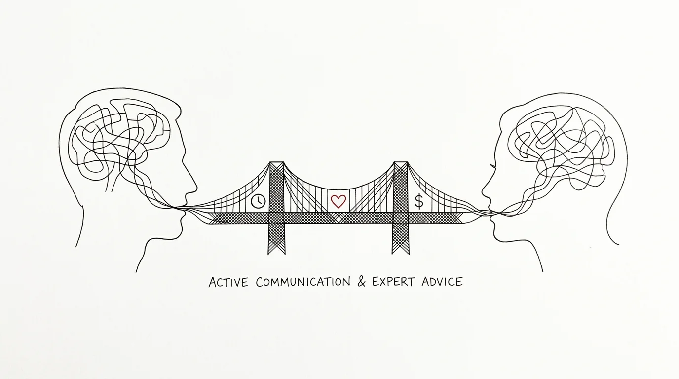Ink drawing of two profiles with lines of conversation forming a bridge between them, featuring heart and money icons.