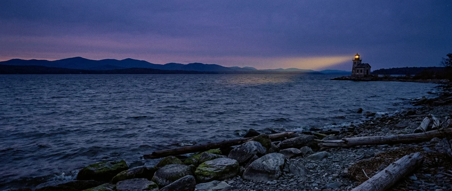 Lake Champlain at twilight with the Adirondack Mountains in the distance and a lighthouse on the shore.